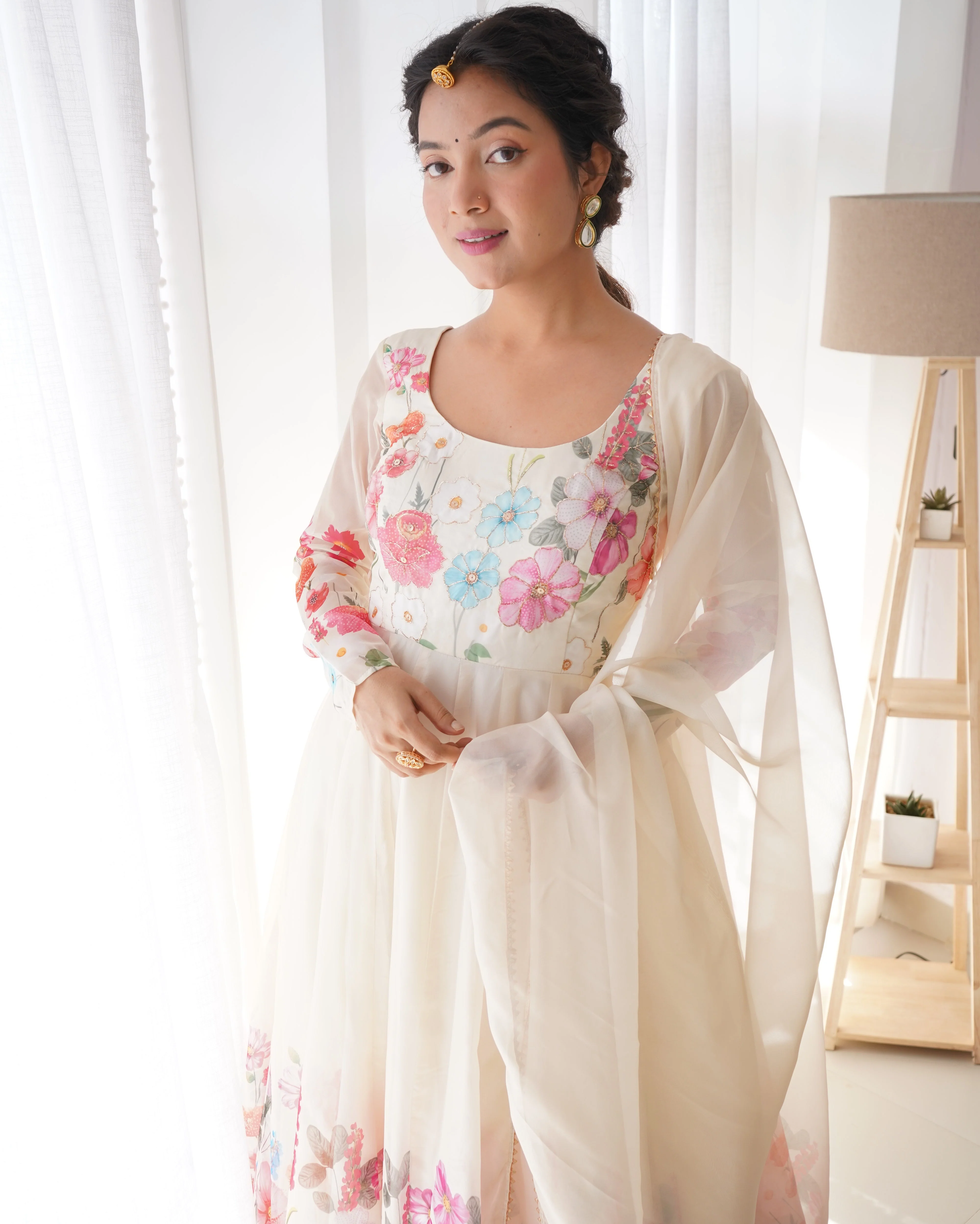 Ethereal Charm Soft Floral Organza Anarkali With Dupatta And Pant - Image 11