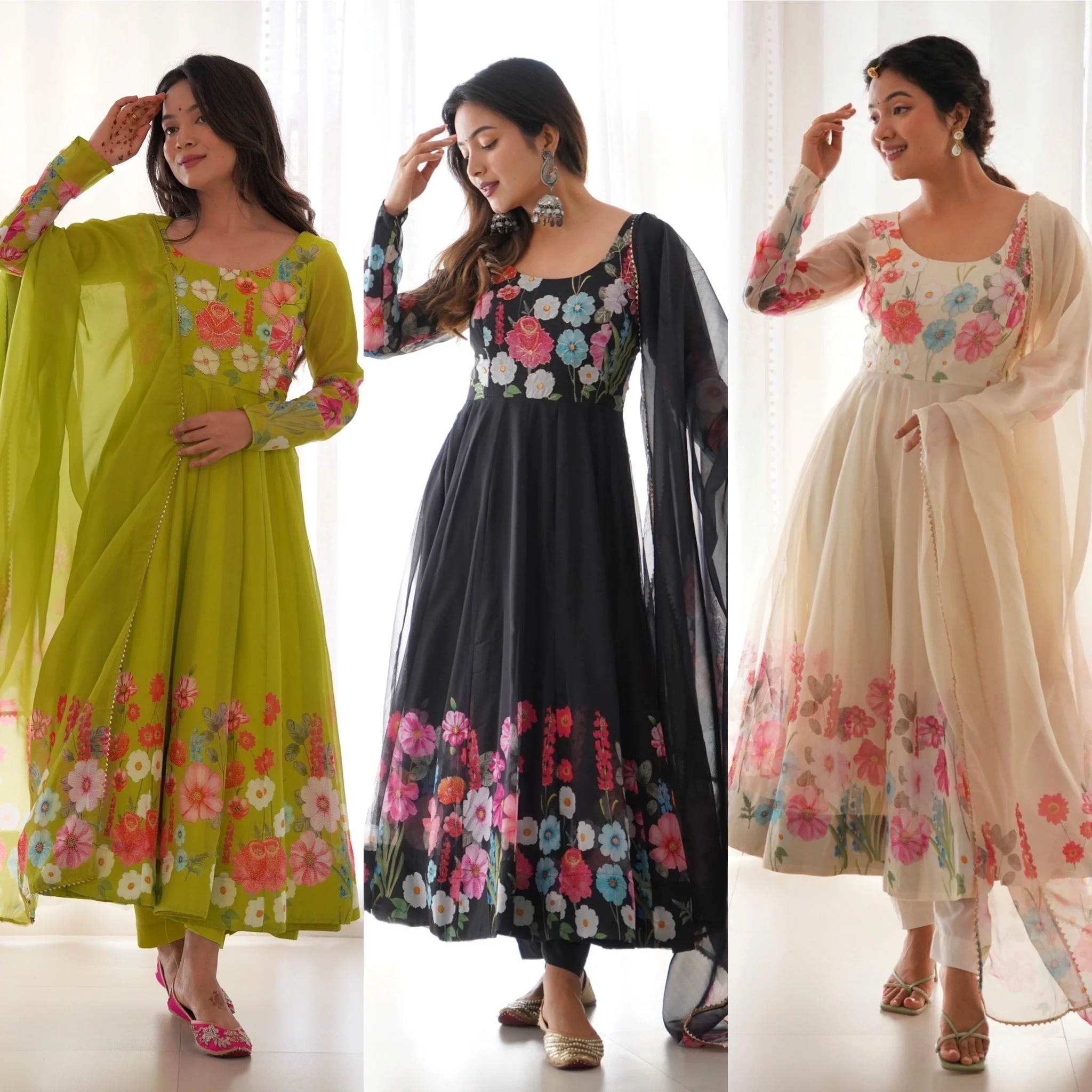 Ethereal Charm Soft Floral Organza Anarkali With Dupatta And Pant - Image 13