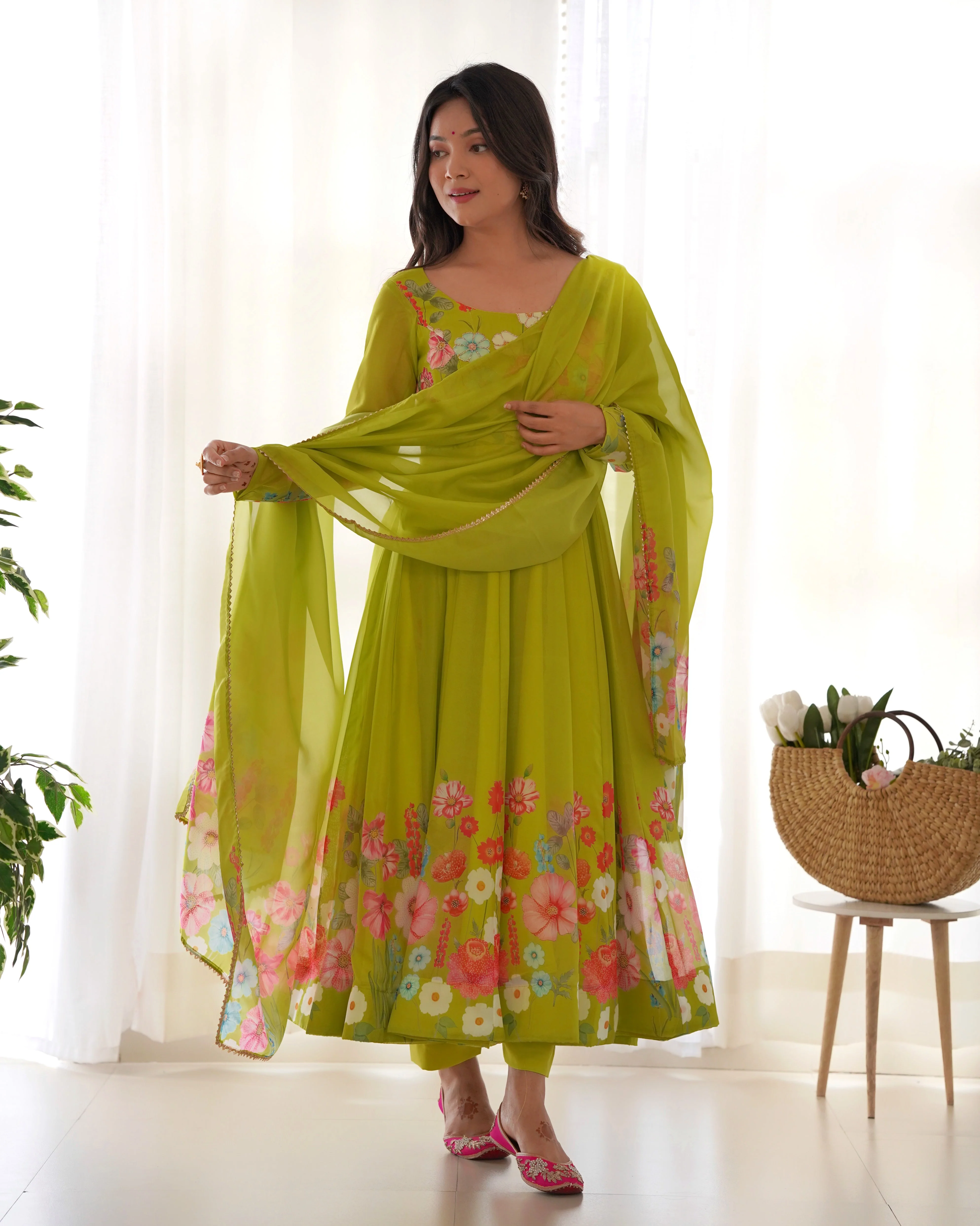 Ethereal Charm Soft Floral Organza Anarkali With Dupatta And Pant - Image 5