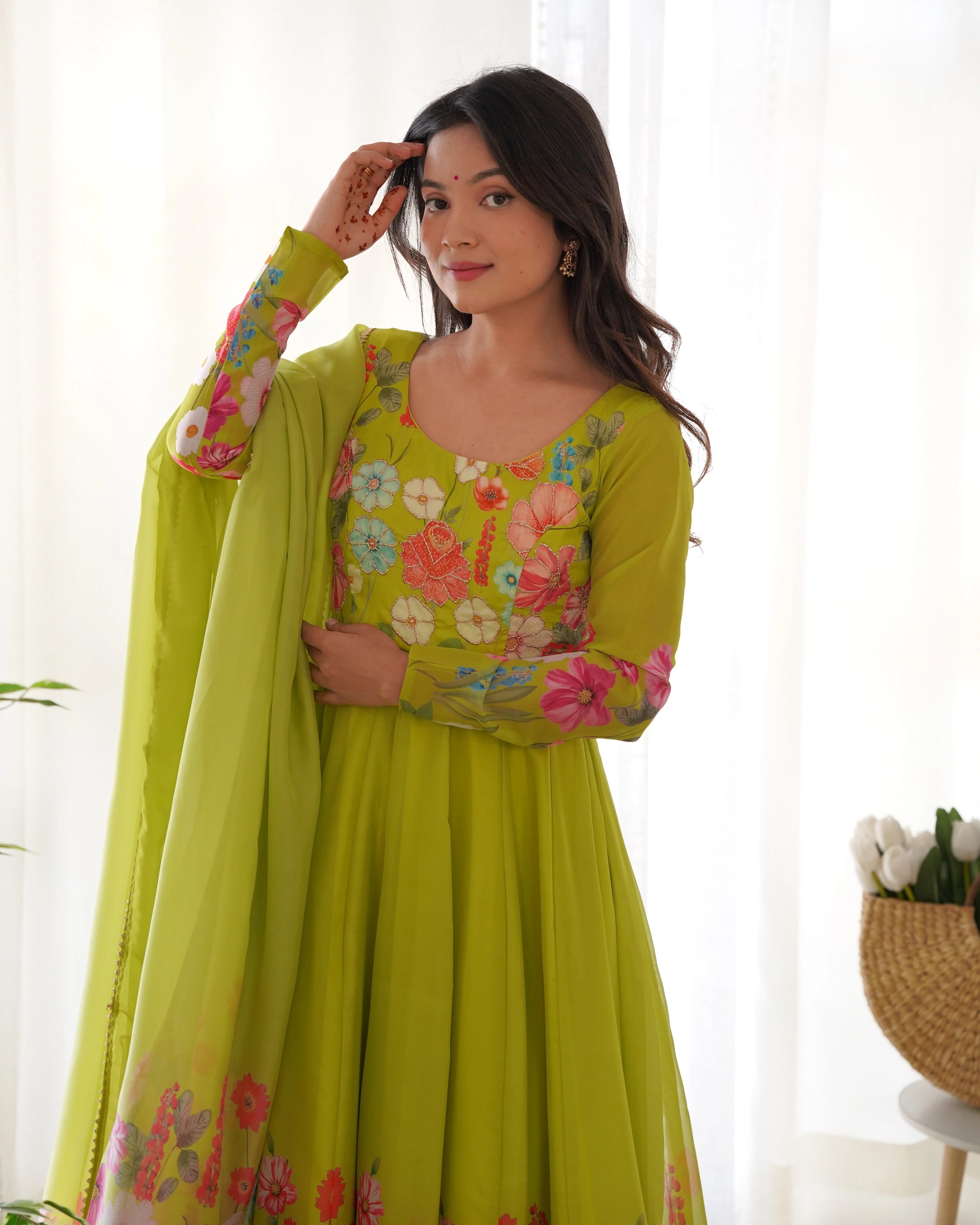 Ethereal Charm Soft Floral Organza Anarkali With Dupatta And Pant - Image 7