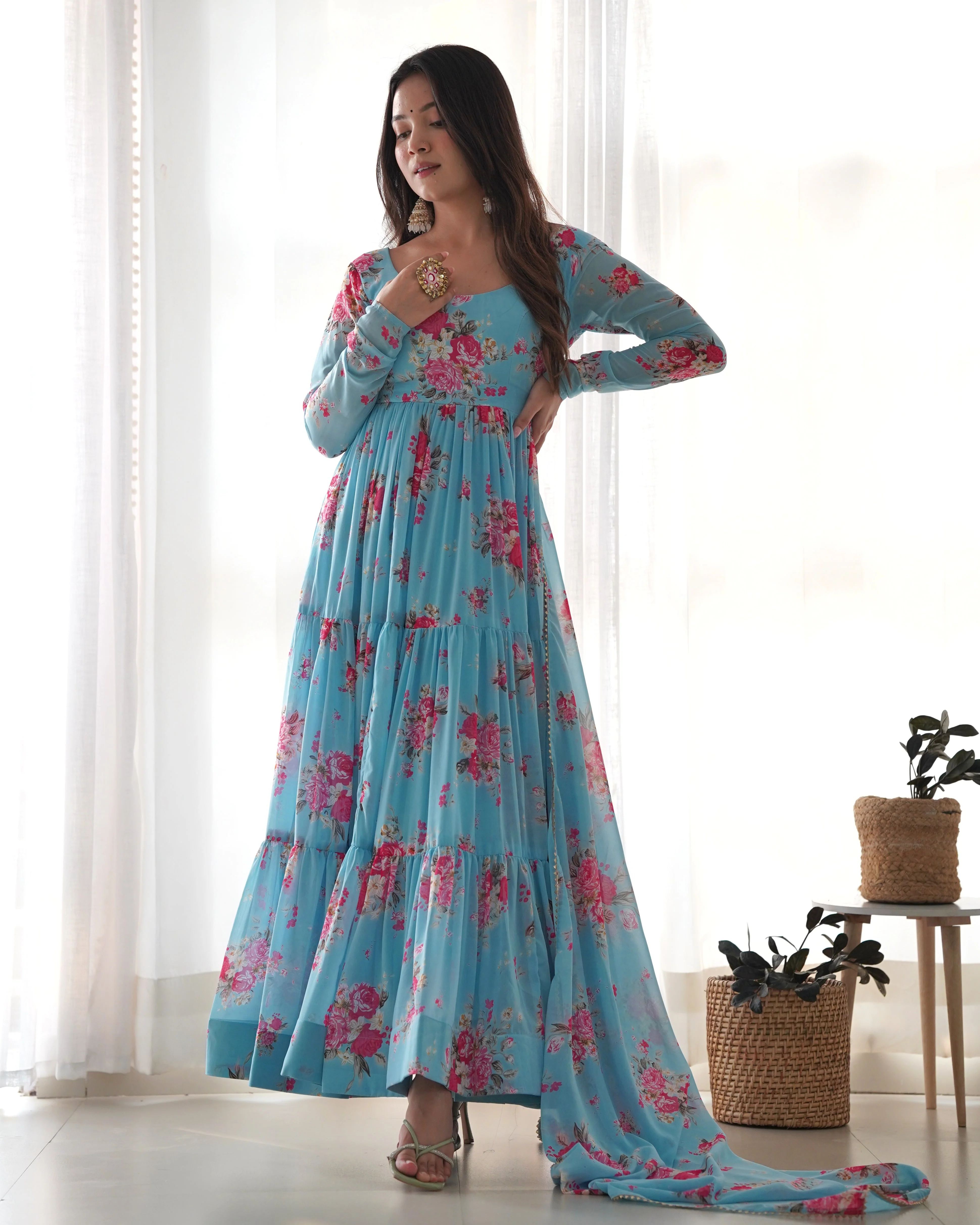Elegant Floral Print Pure Fox Georgette Fabric Gown - Image 3