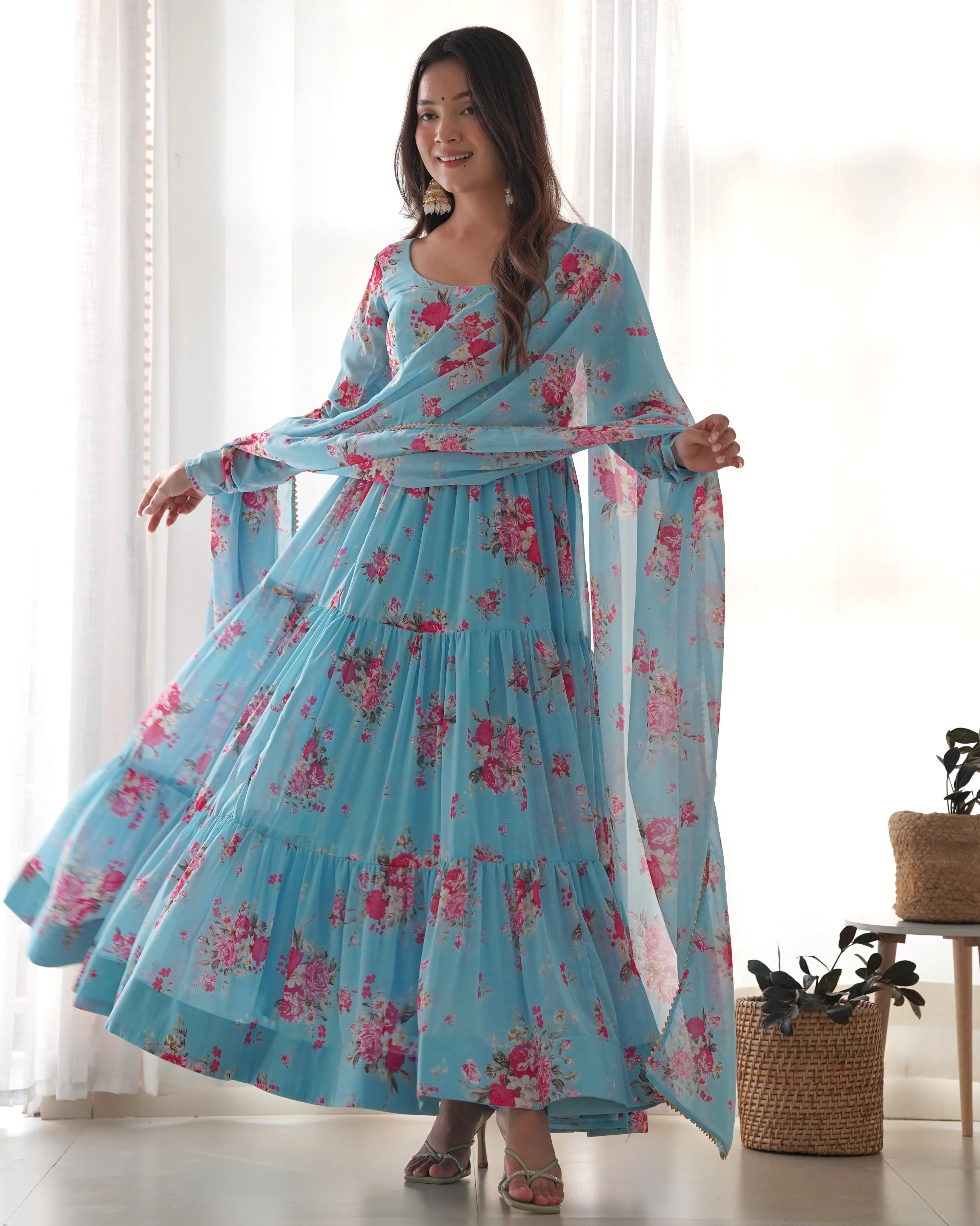 Elegant Floral Print Pure Fox Georgette Fabric Gown - Image 4