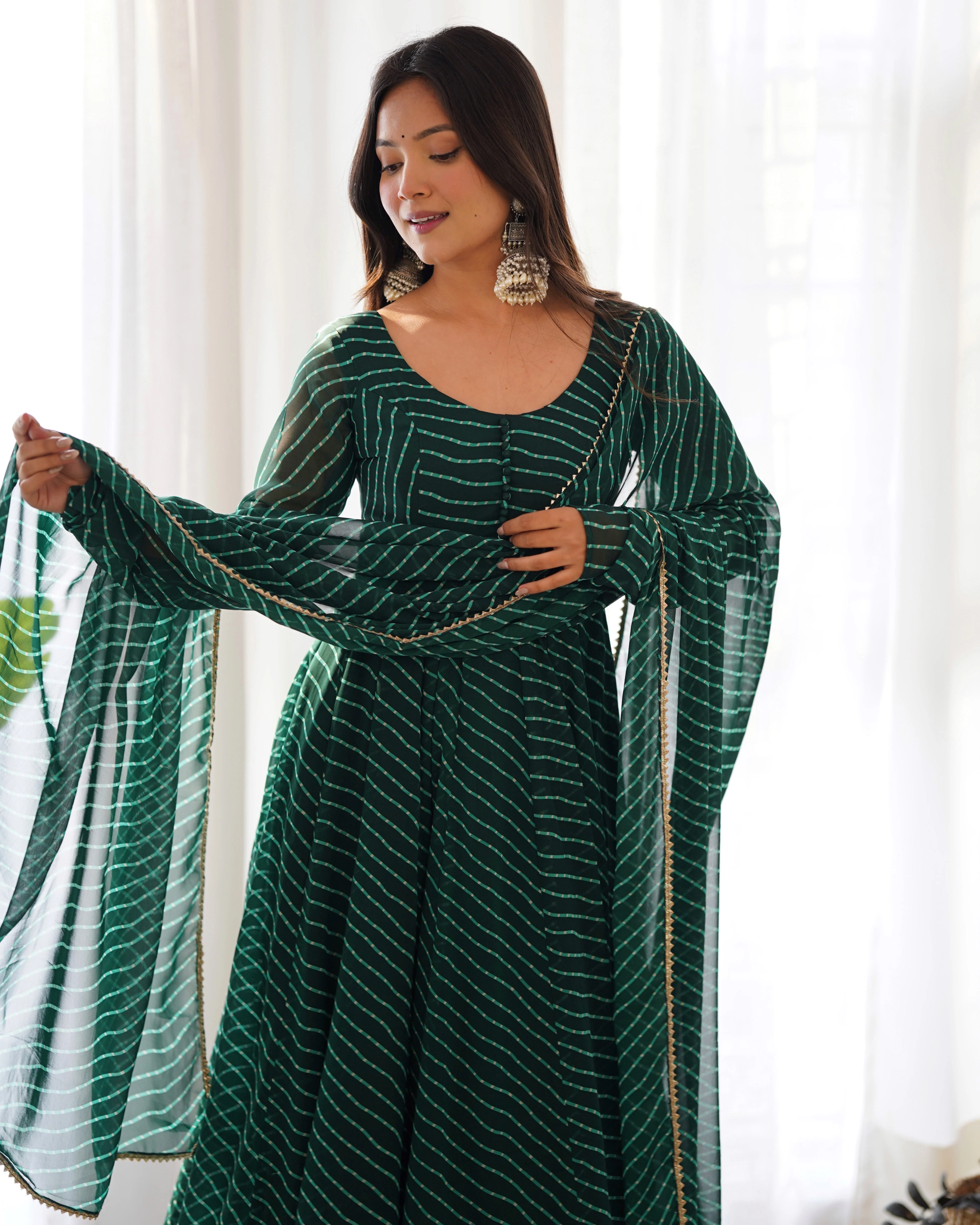 Exclusive Green Colour Laheriya Print Anarkali Set - Image 4