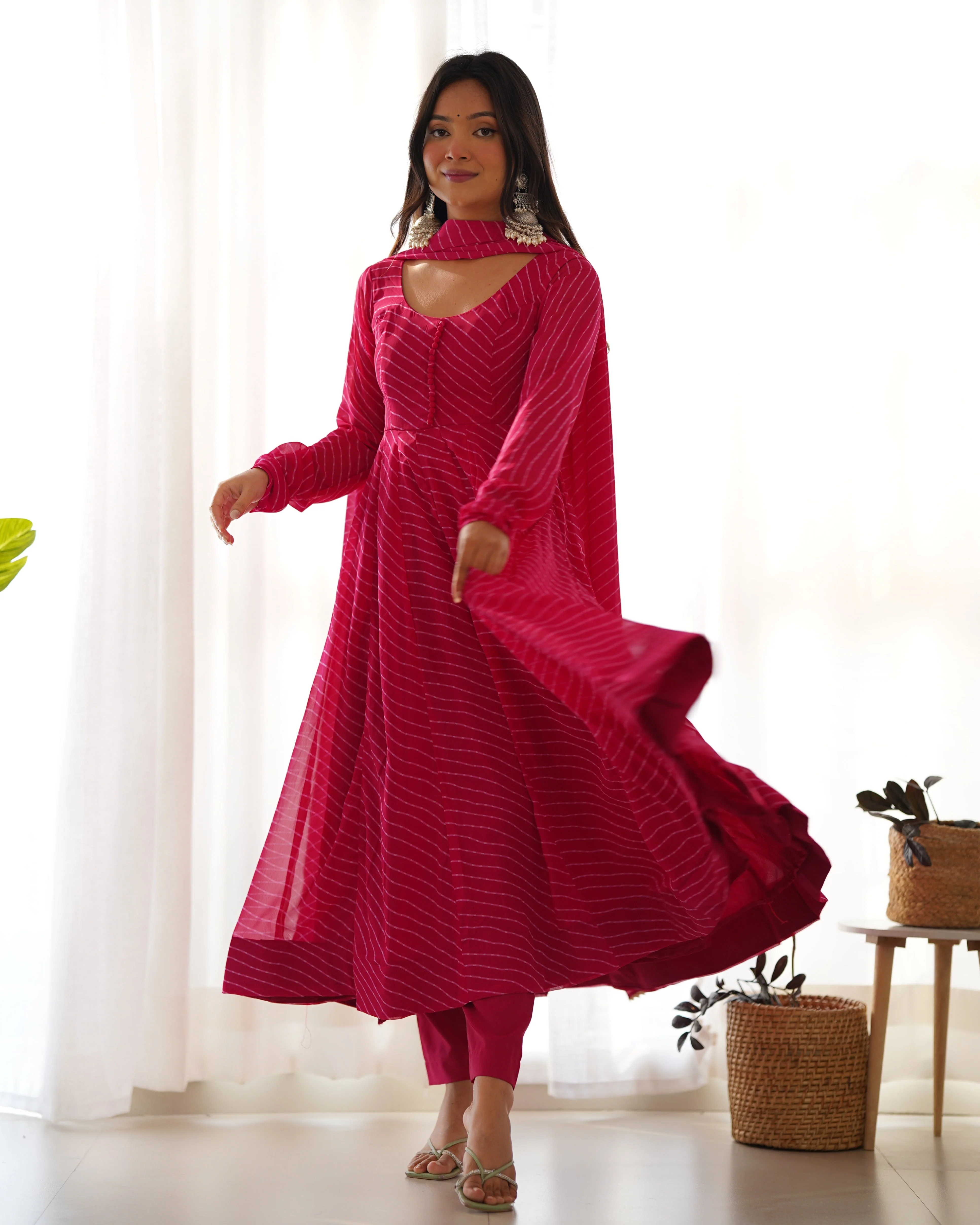 Exclusive Rani Pink Colour Laheriya Print Anarkali Set - Image 8