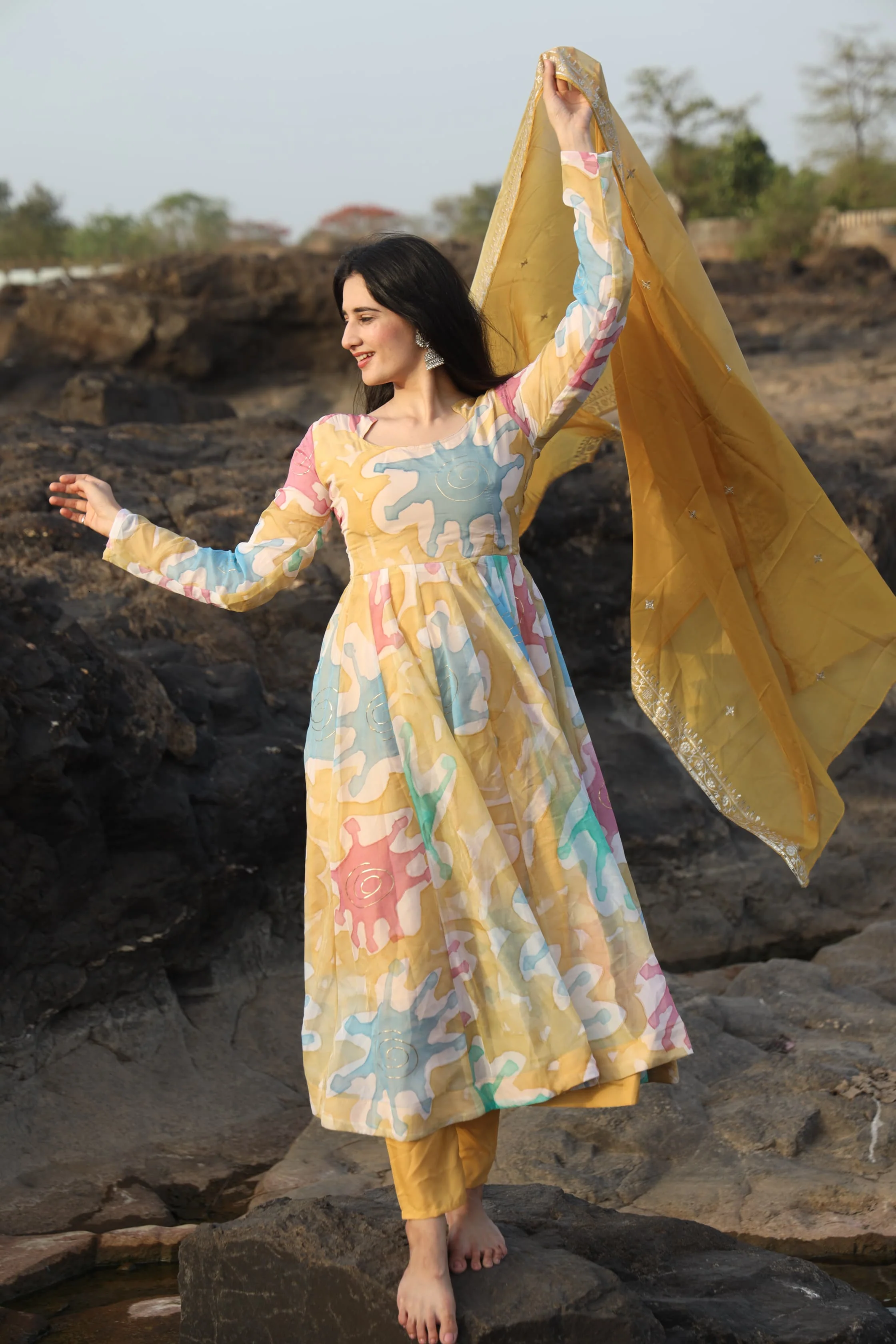 Nancy Multi Coloured  Hand Print Anarkali Suit Set - Image 3