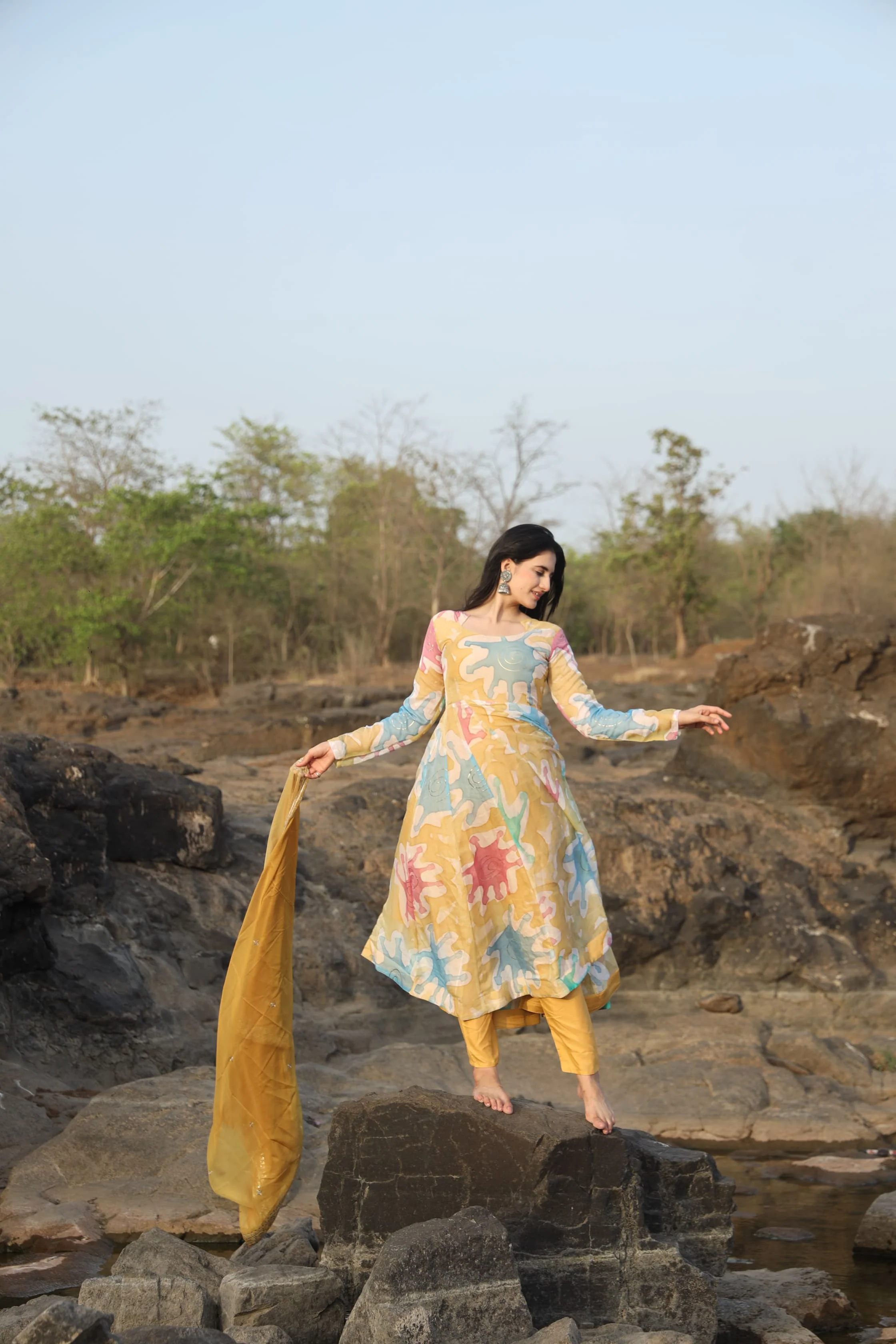 Nancy Multi Coloured  Hand Print Anarkali Suit Set - Image 4