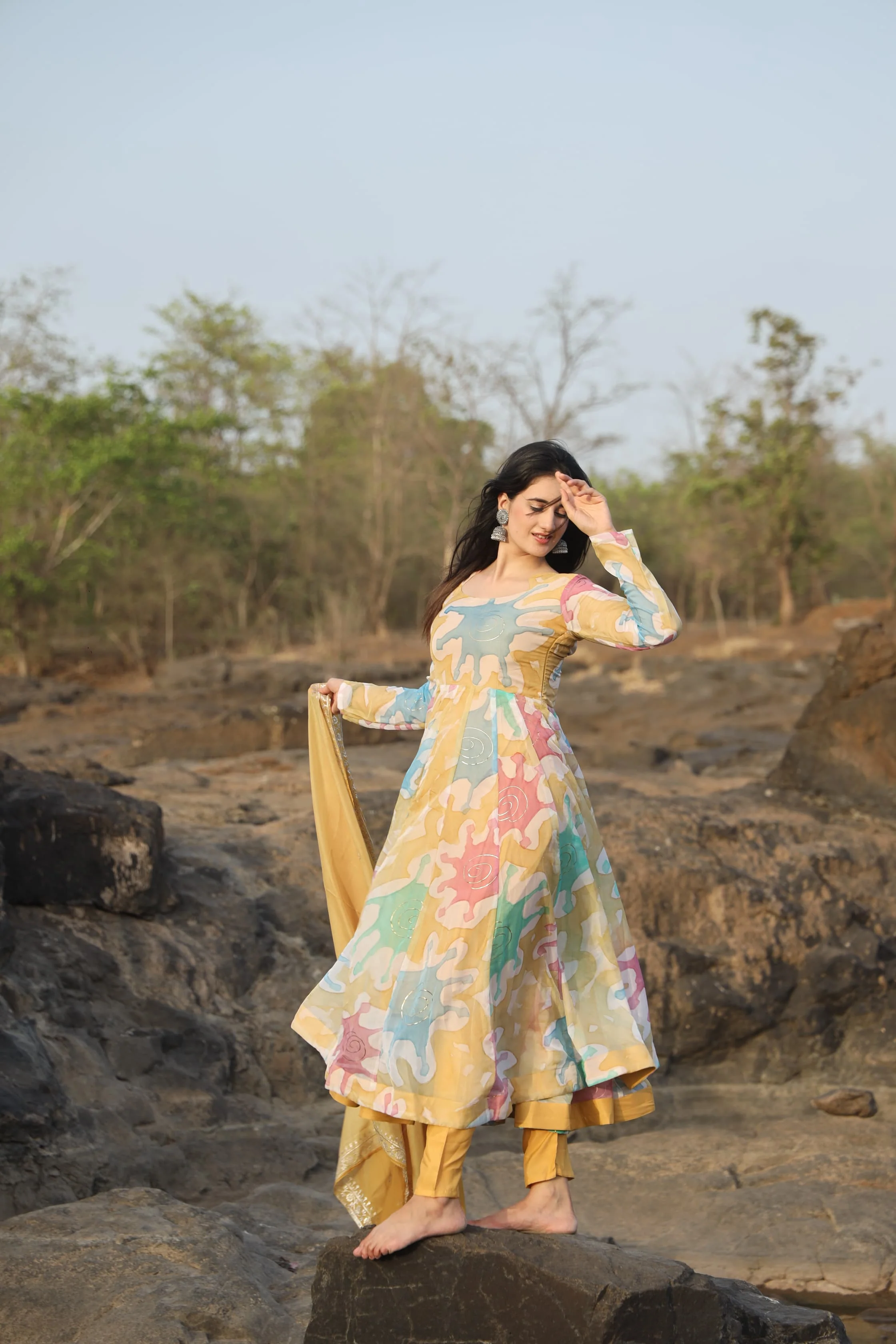 Nancy Multi Coloured  Hand Print Anarkali Suit Set - Image 5