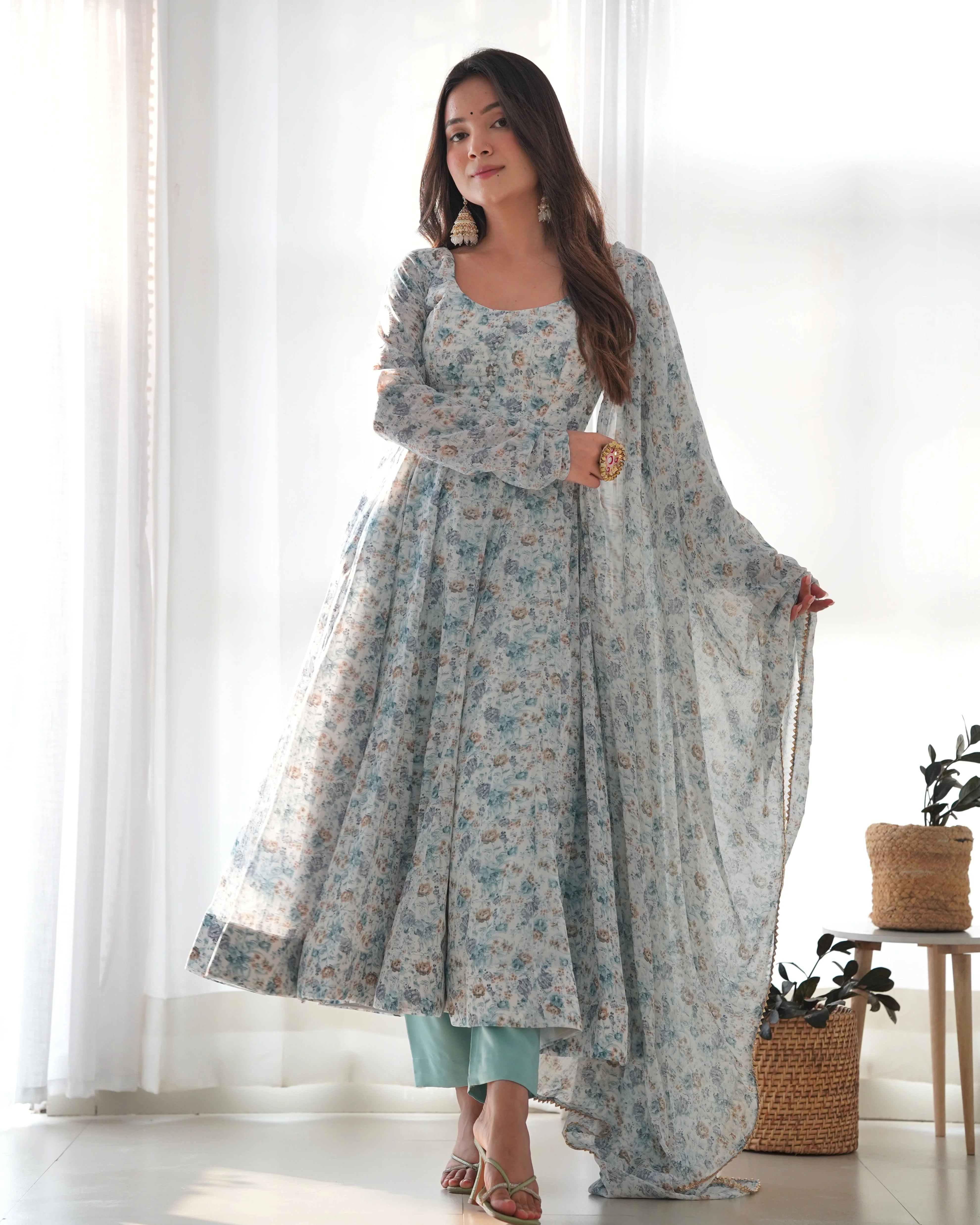 Parmavathi Sky Floral Printed Long Designer Anarkali With Dupatta And Pant - Image 7