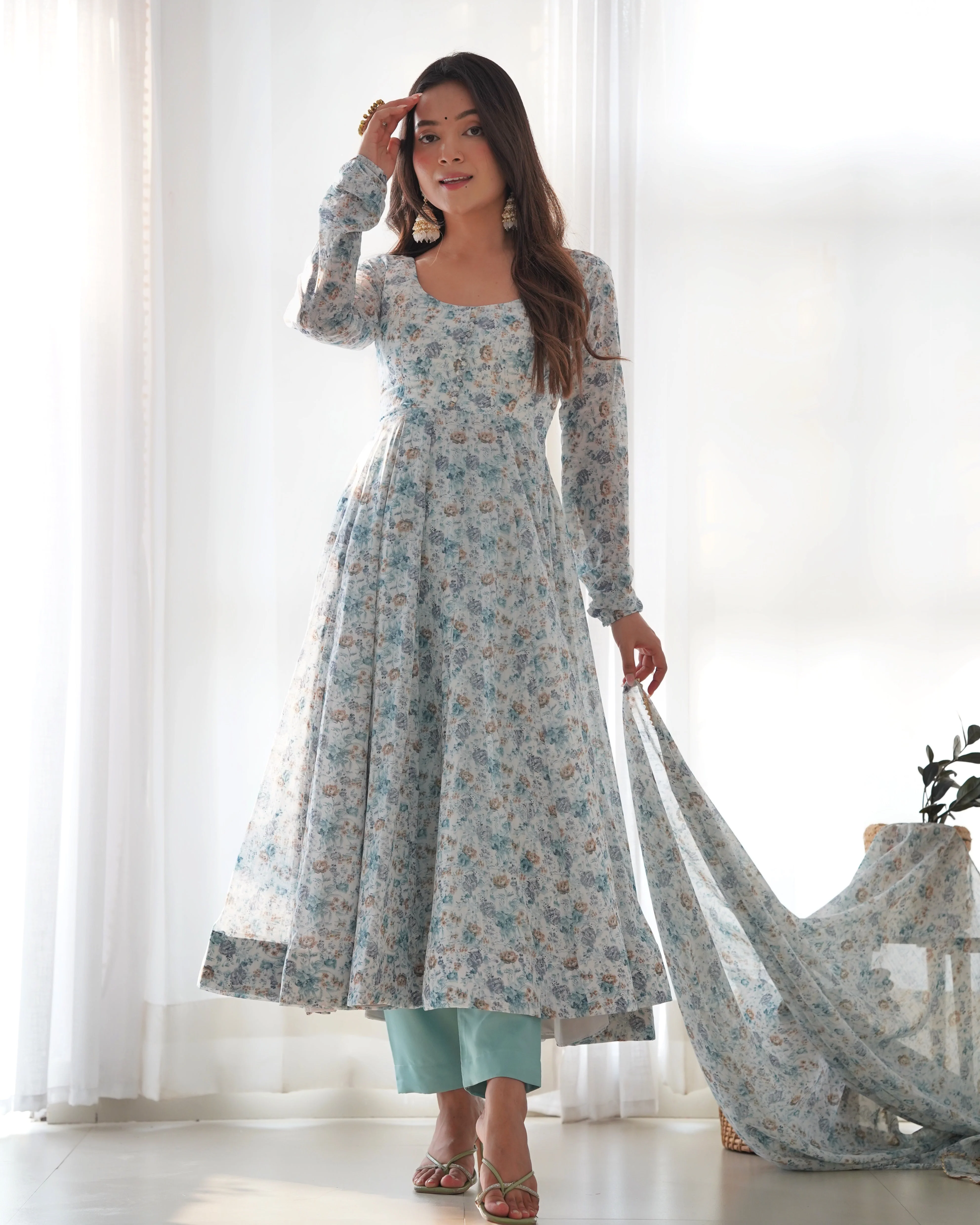 Parmavathi Sky Floral Printed Long Designer Anarkali With Dupatta And Pant - Image 8