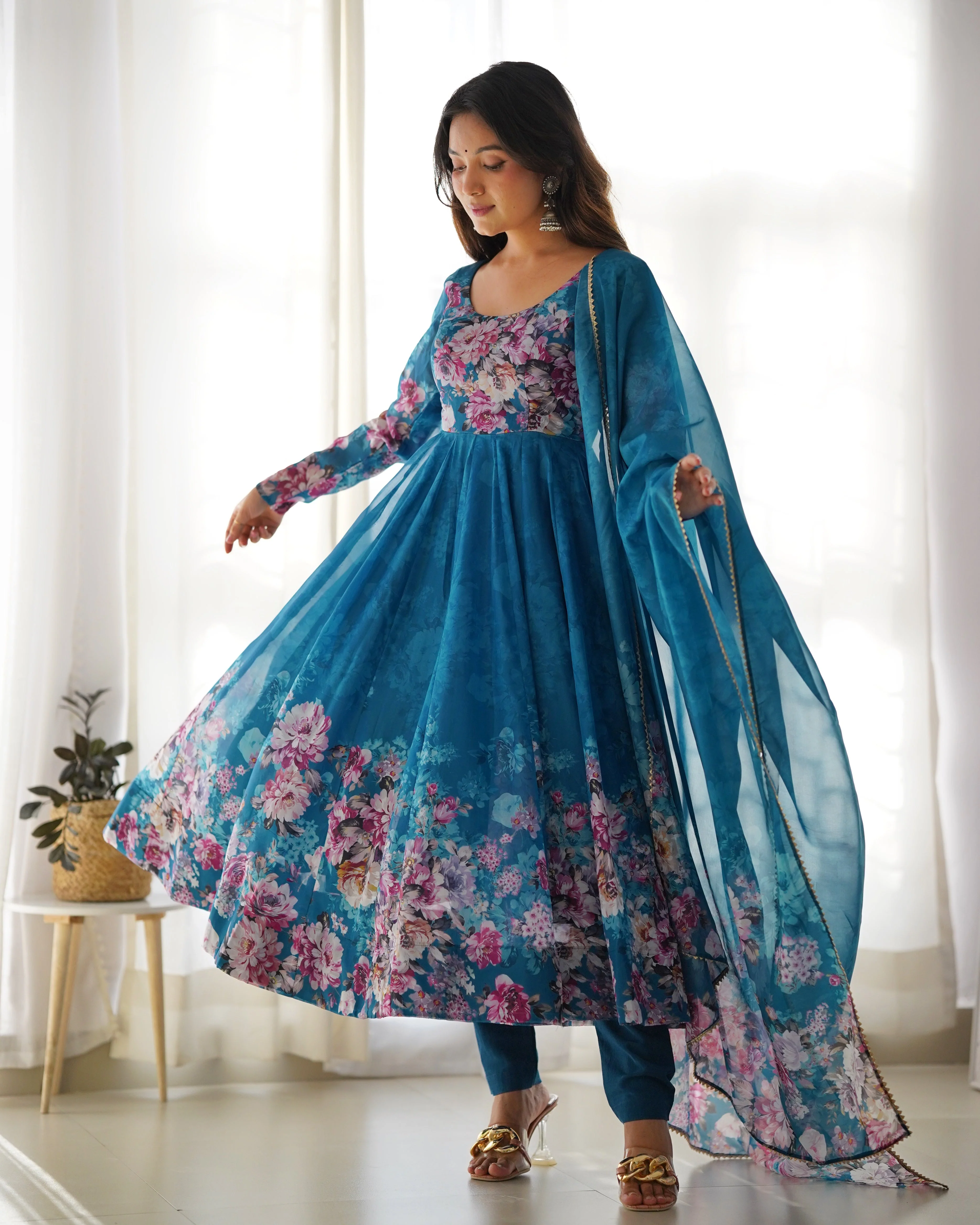 Rama Color Floral Print Organza Three Piece Anarkali Suit - Image 3