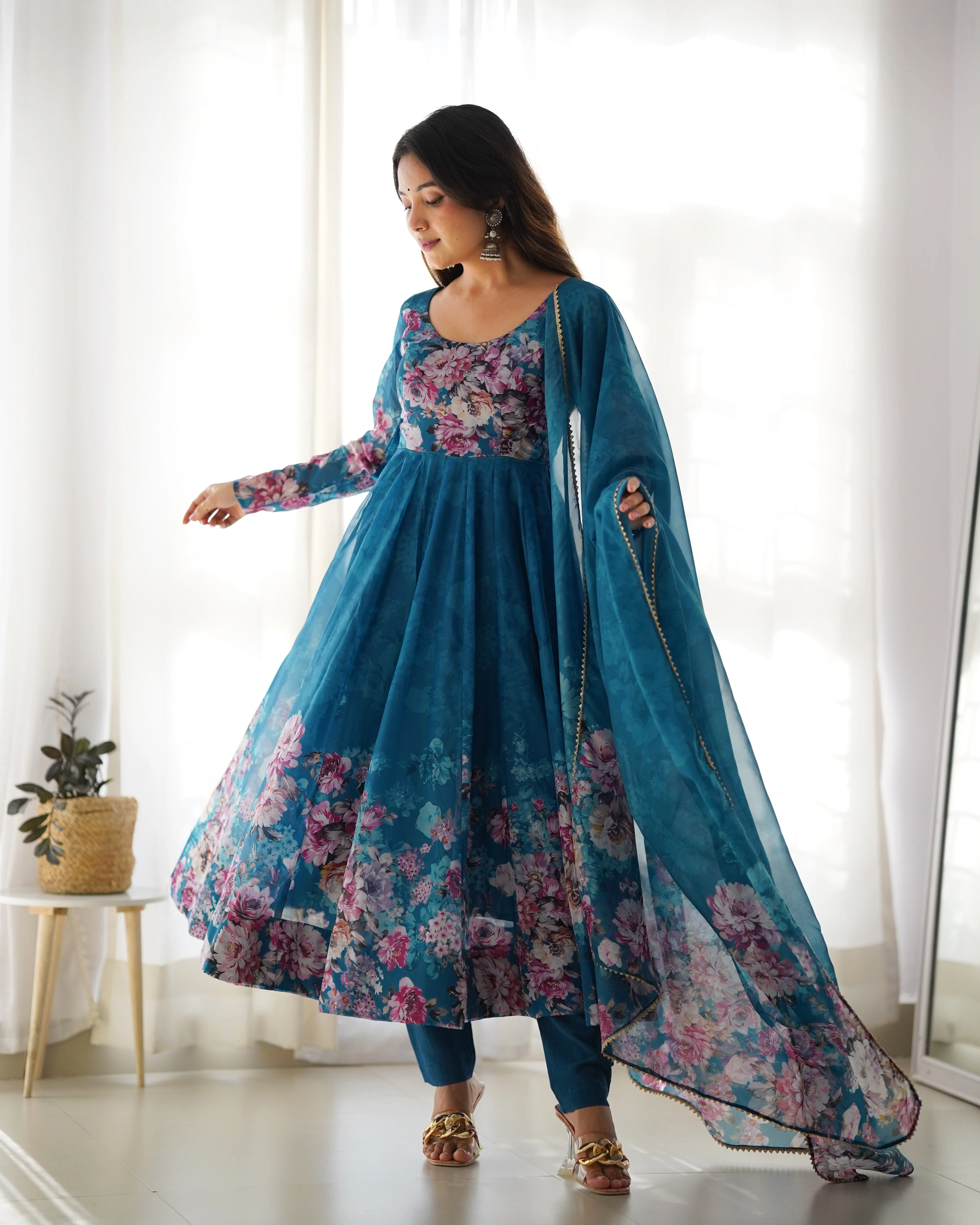 Rama Color Floral Print Organza Three Piece Anarkali Suit - Image 6