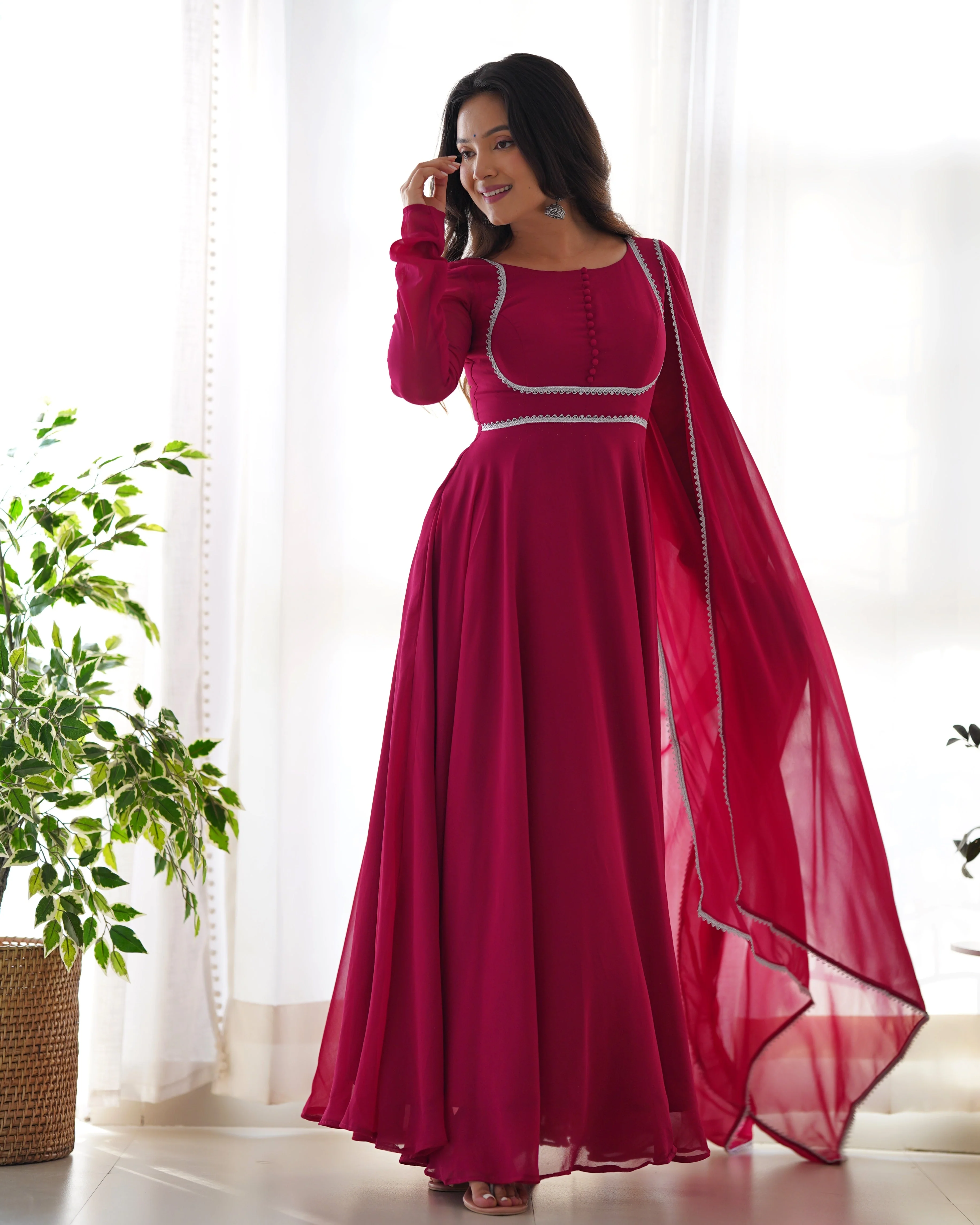 Rani Color Good Flair Anarkali Gown With Dupatta - Image 7