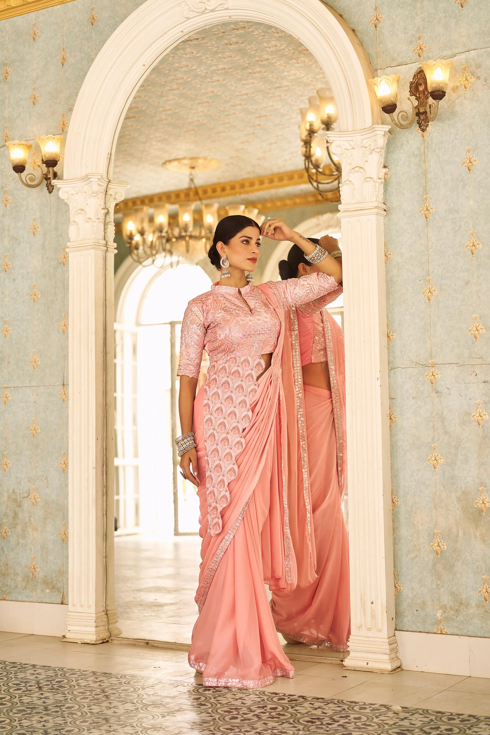 Sitara Trending Ready To Wear Stylist Blouse Drape Saree - Image 4