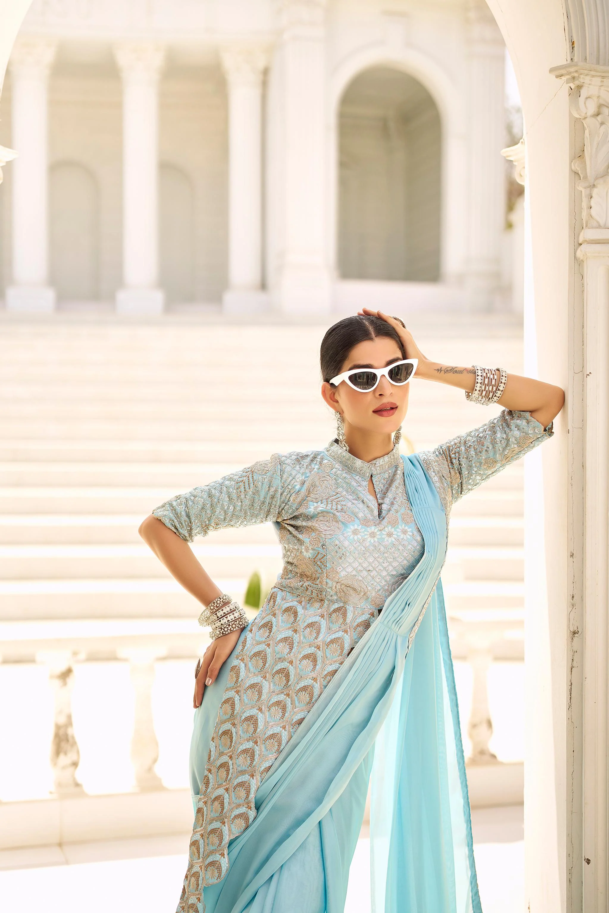 Sitara Trending Ready To Wear Stylist Blouse Drape Saree - Image 5