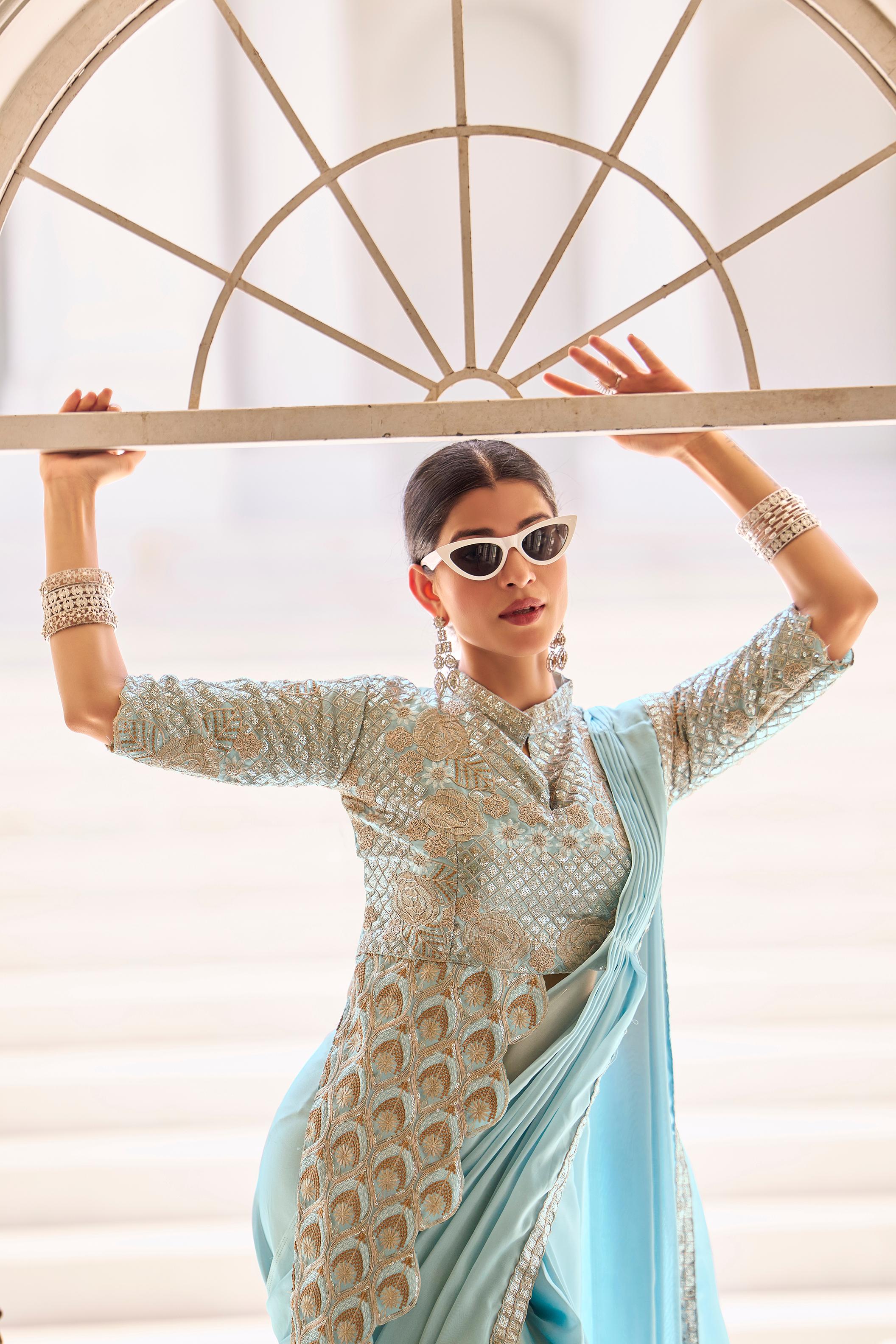 Sitara Trending Ready To Wear Stylist Blouse Drape Saree - Image 9