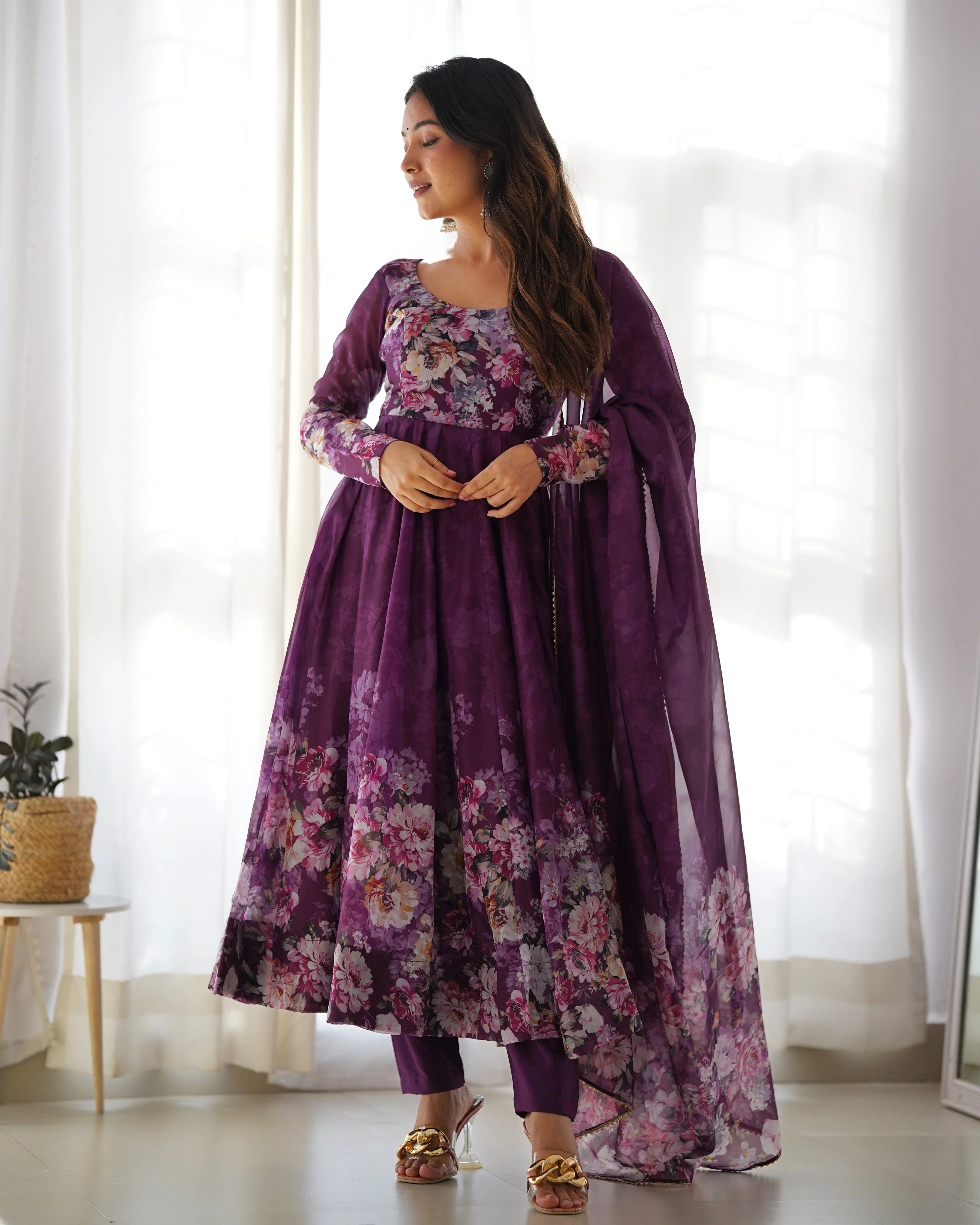 Wine Color Floral Print Organza Three Piece Anarkali Suit - Image 4
