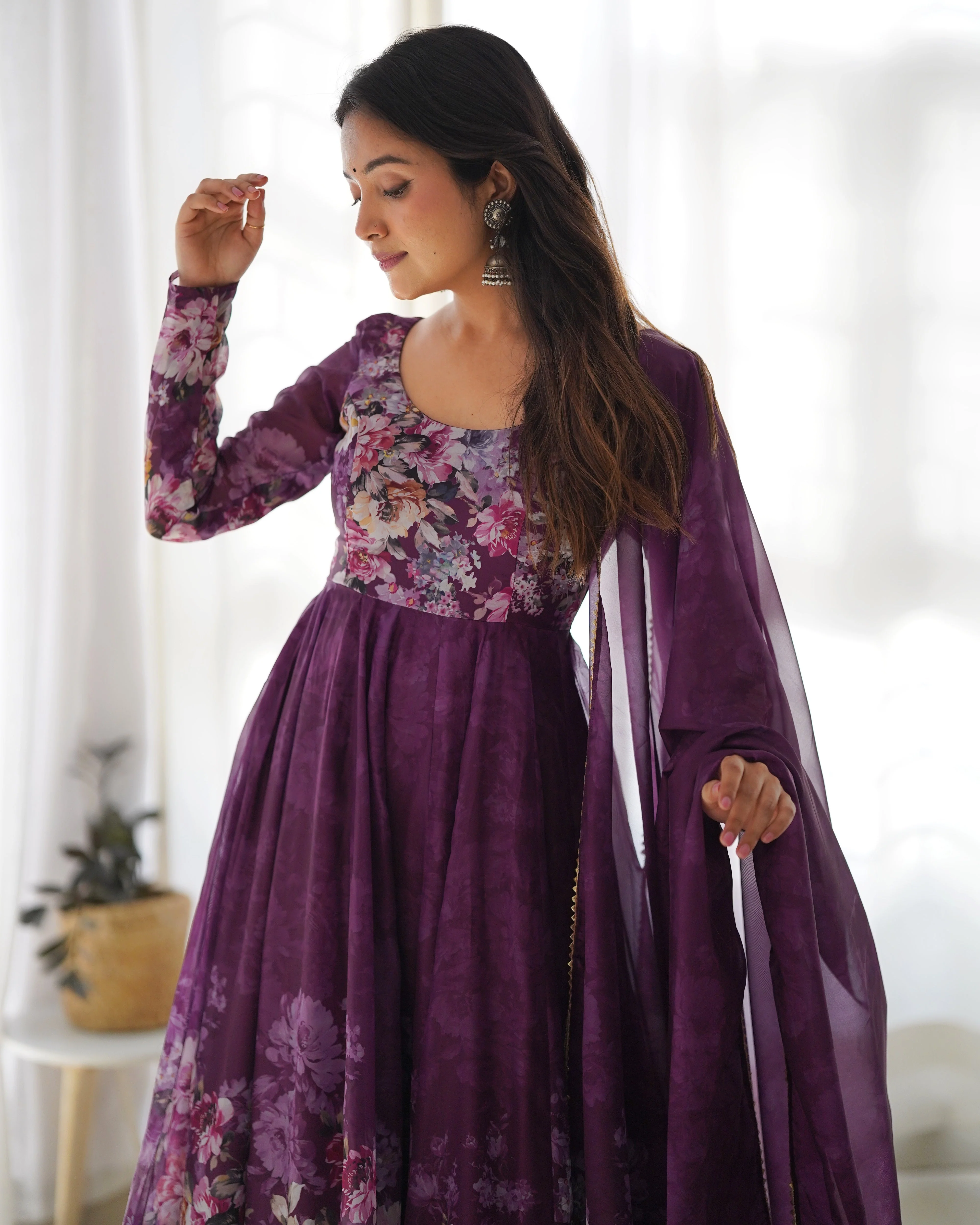 Wine Color Floral Print Organza Three Piece Anarkali Suit - Image 6
