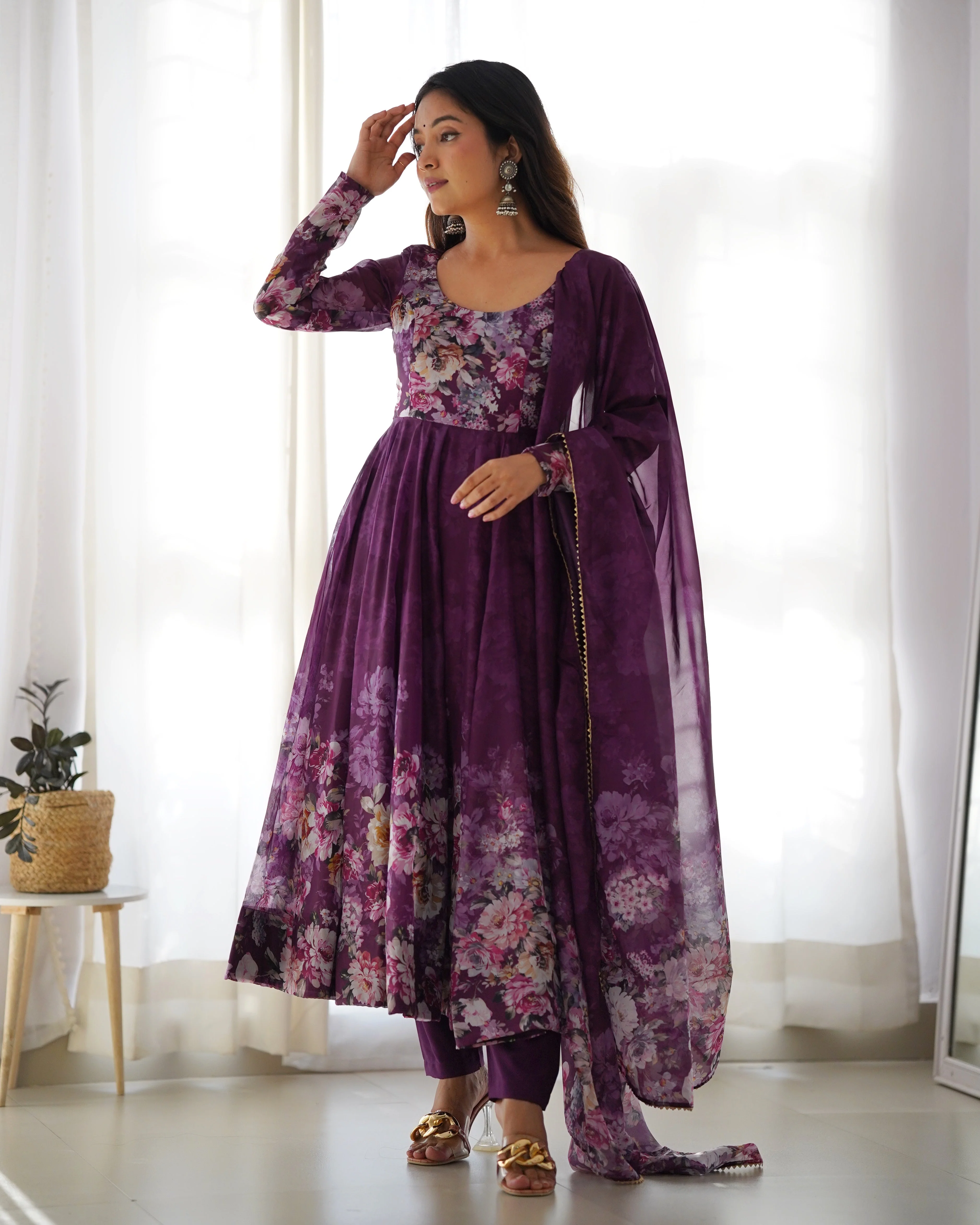 Wine Color Floral Print Organza Three Piece Anarkali Suit - Image 8
